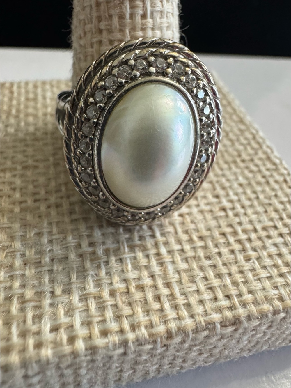 Judith Ripka 925 Silver Ring w/ White Oval Pearl Surrounded w/ CZ Crystals
